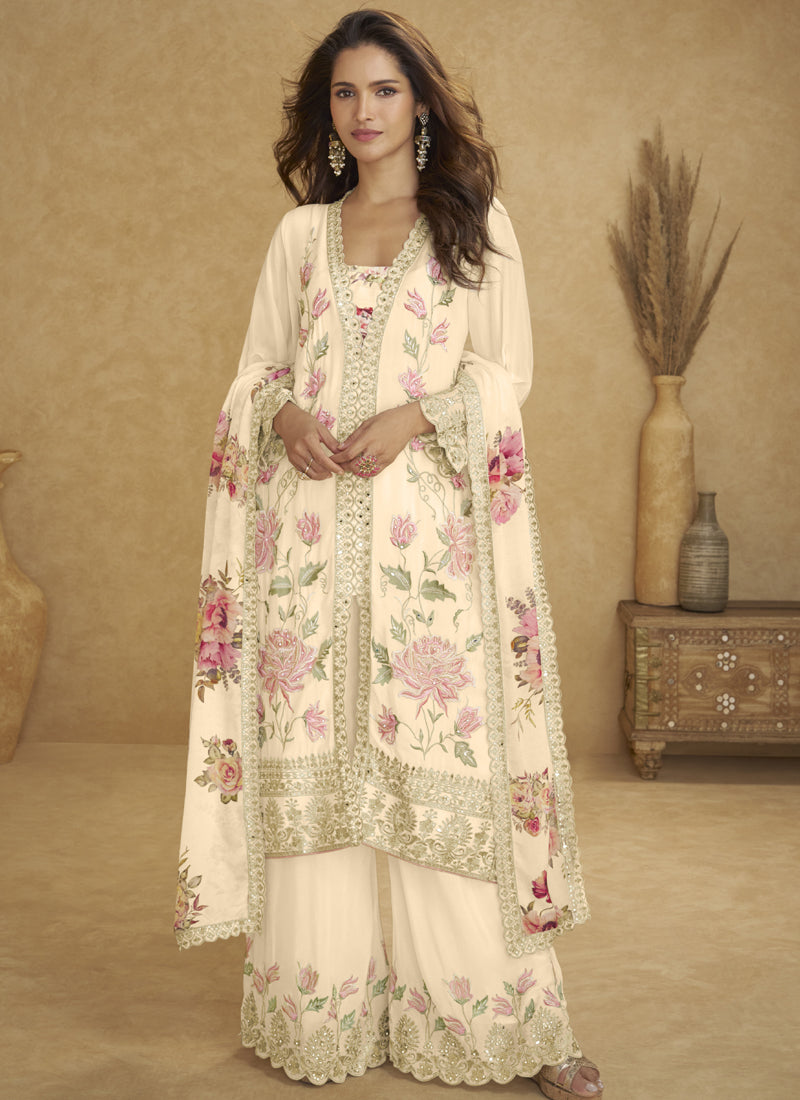 Vegaa Fashion Cream Floral Slit Style Designer Kurta Palazzo Suit