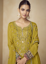 Thumbnail for Vegaa Fashion Mustard Embroidered And Hand Work Kurta Palazzo Suit