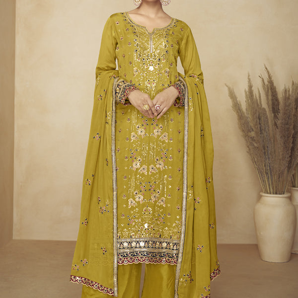 Vegaa Fashion Mustard Embroidered And Hand Work Kurta Palazzo Suit