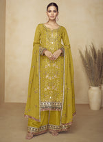 Thumbnail for Vegaa Fashion Mustard Embroidered And Hand Work Kurta Palazzo Suit