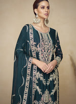 Thumbnail for Vegaa Fashion Aqua Blue Embroidered And Hand Work Kurta Palazzo Suit - Distacart