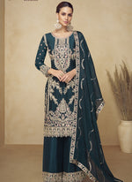 Thumbnail for Vegaa Fashion Aqua Blue Embroidered And Hand Work Kurta Palazzo Suit - Distacart