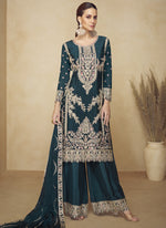 Thumbnail for Vegaa Fashion Aqua Blue Embroidered And Hand Work Kurta Palazzo Suit - Distacart