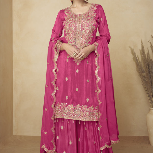 Vegaa Fashion Pink Embroidered And Hand Work Kurta Palazzo Suit
