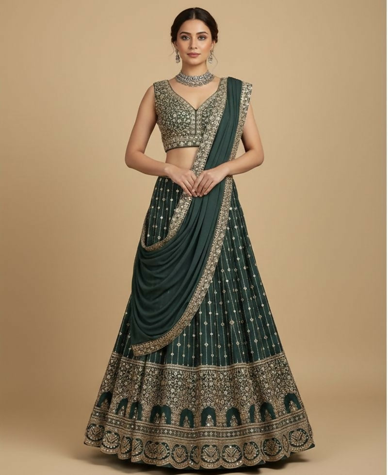 Lehenga Mart Greenish Star Faux Georgette Designer Bollywood Style Wedding Wear Lehenga Choli - Dista