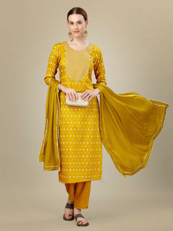 Jyoti Fashion Women's Golden Silk Blend Embroidery & Sequence work Kurta with Trouser & Dupatta - Distacart