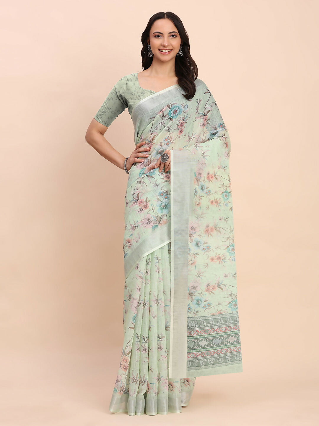 Shree Shyam Fashion Linen Cotton Light Green Saree - Distacart