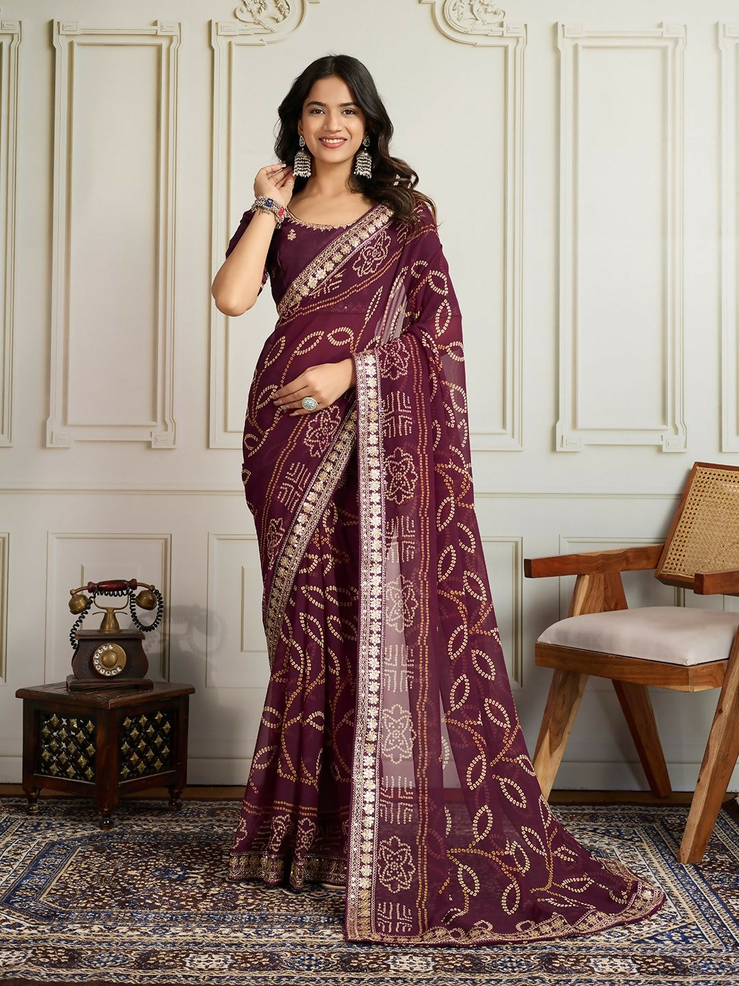 Ai Fashion Wine Georgette Rajwadi Bandhani Print Party Wear Saree