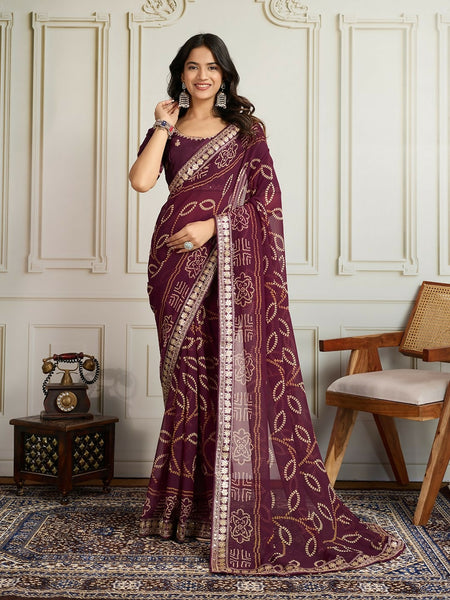 Ai Fashion Wine Georgette Rajwadi Bandhani Print Party Wear Saree