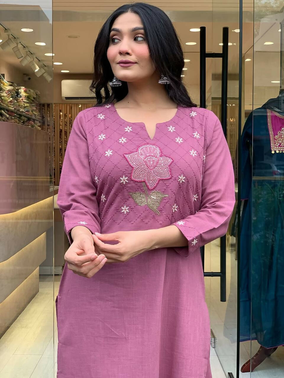 The52 Peach Women's Gorgeous Embroidered Cotton Fabric Straight Kurta Pant with Dupatta Set - Distacart