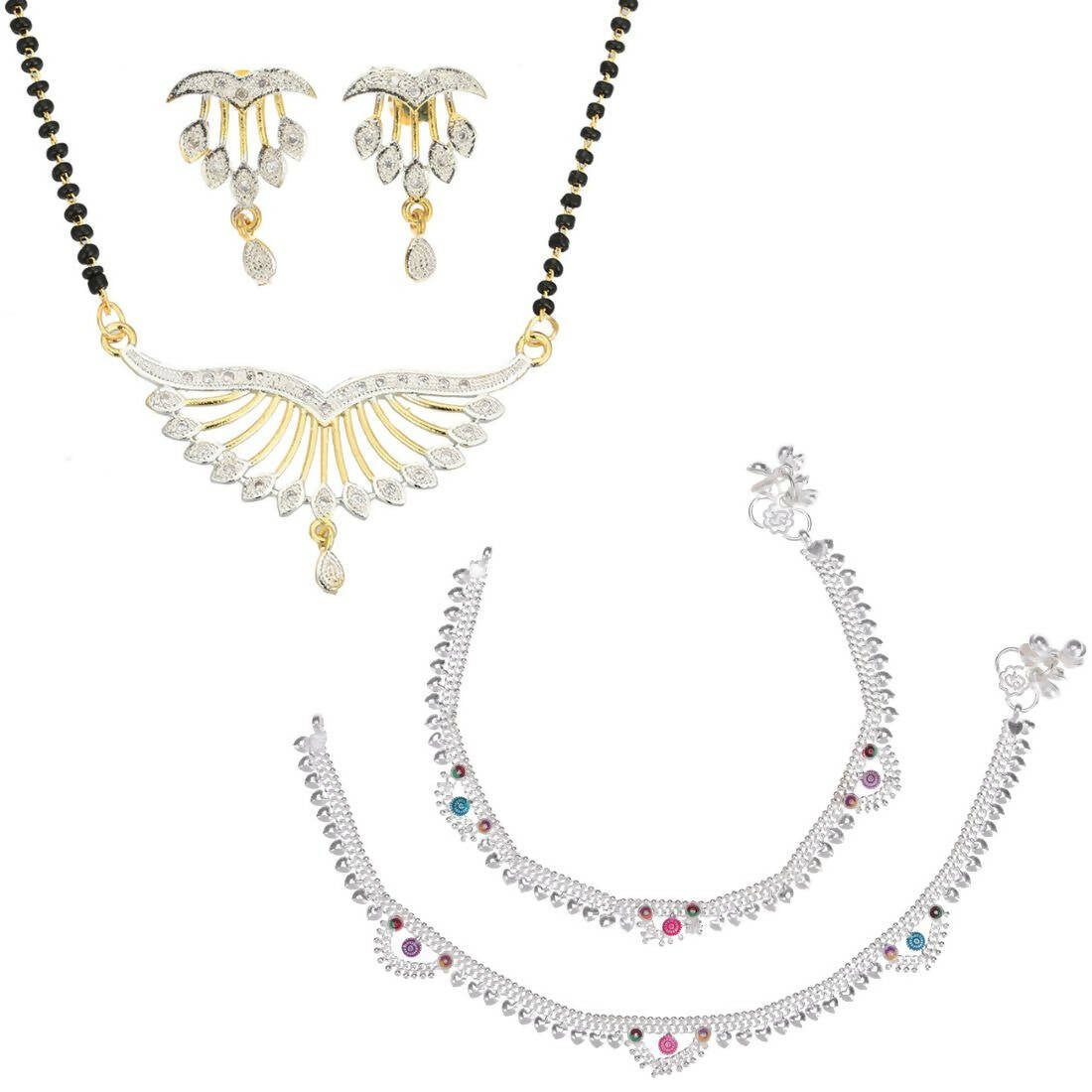 AanyaCentric Gold-plated Mangalsutra Pendant Earring Set & Silver Plated Anklet - Distacart