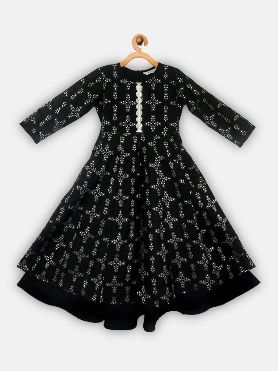 Ahalyaa Black Chanderi Gold Foil Printed Kids Dress For Girls - Distacart