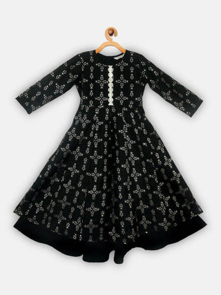 Ahalyaa Black Chanderi Gold Foil Printed Kids Dress For Girls - Distacart