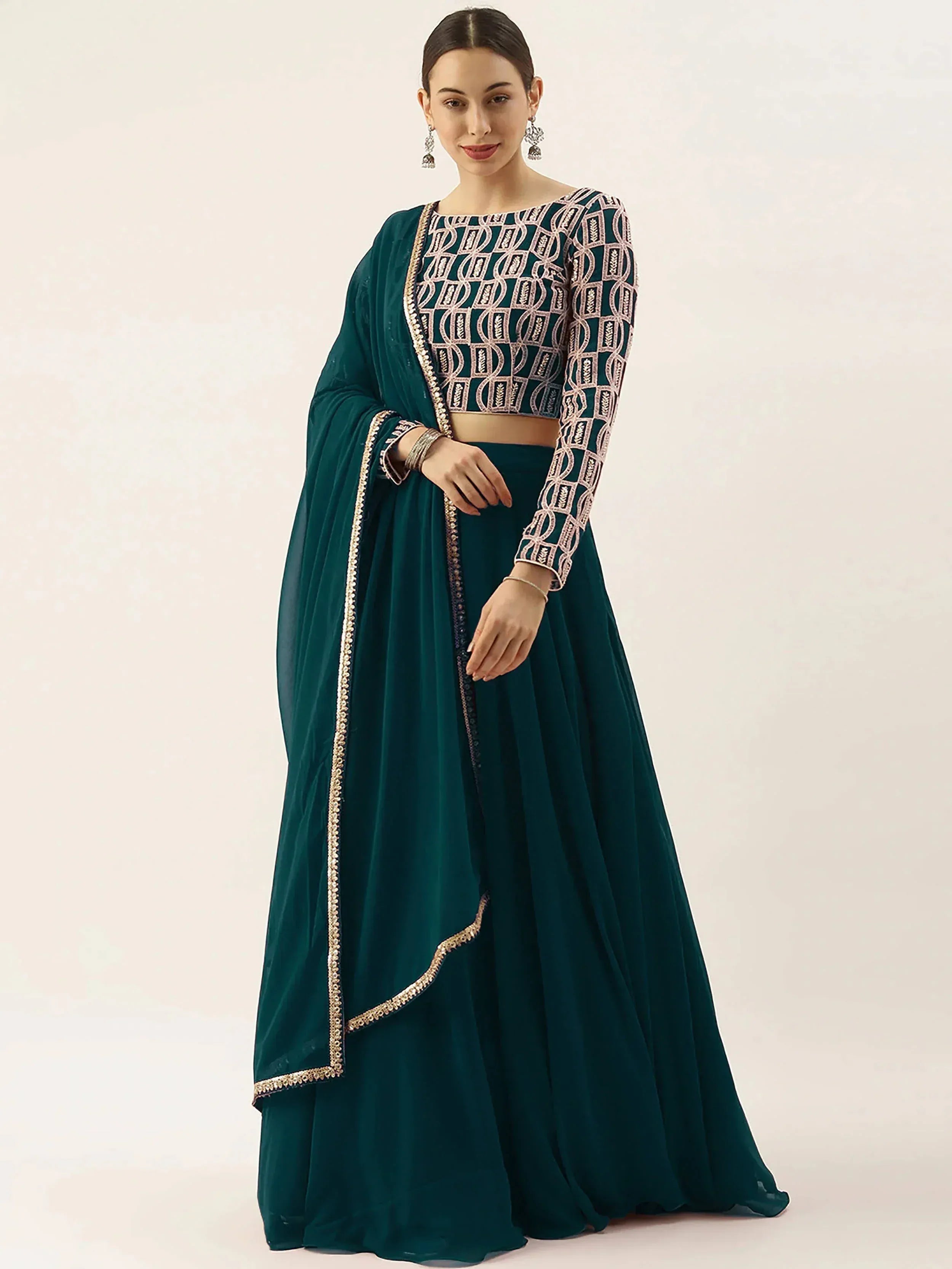 Tulsi Art Beautiful Green Thread Work Georgette Festival Wear Lehenga Choli - Dista