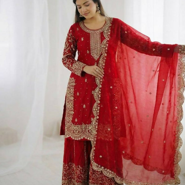 Teeya Creation Red Color Fendy Silk Embroidery Work Wedding Wear Salwar Suit - Distacart