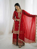 Thumbnail for Teeya Creation Red Color Fendy Silk Embroidery Work Wedding Wear Salwar Suit - Distacart
