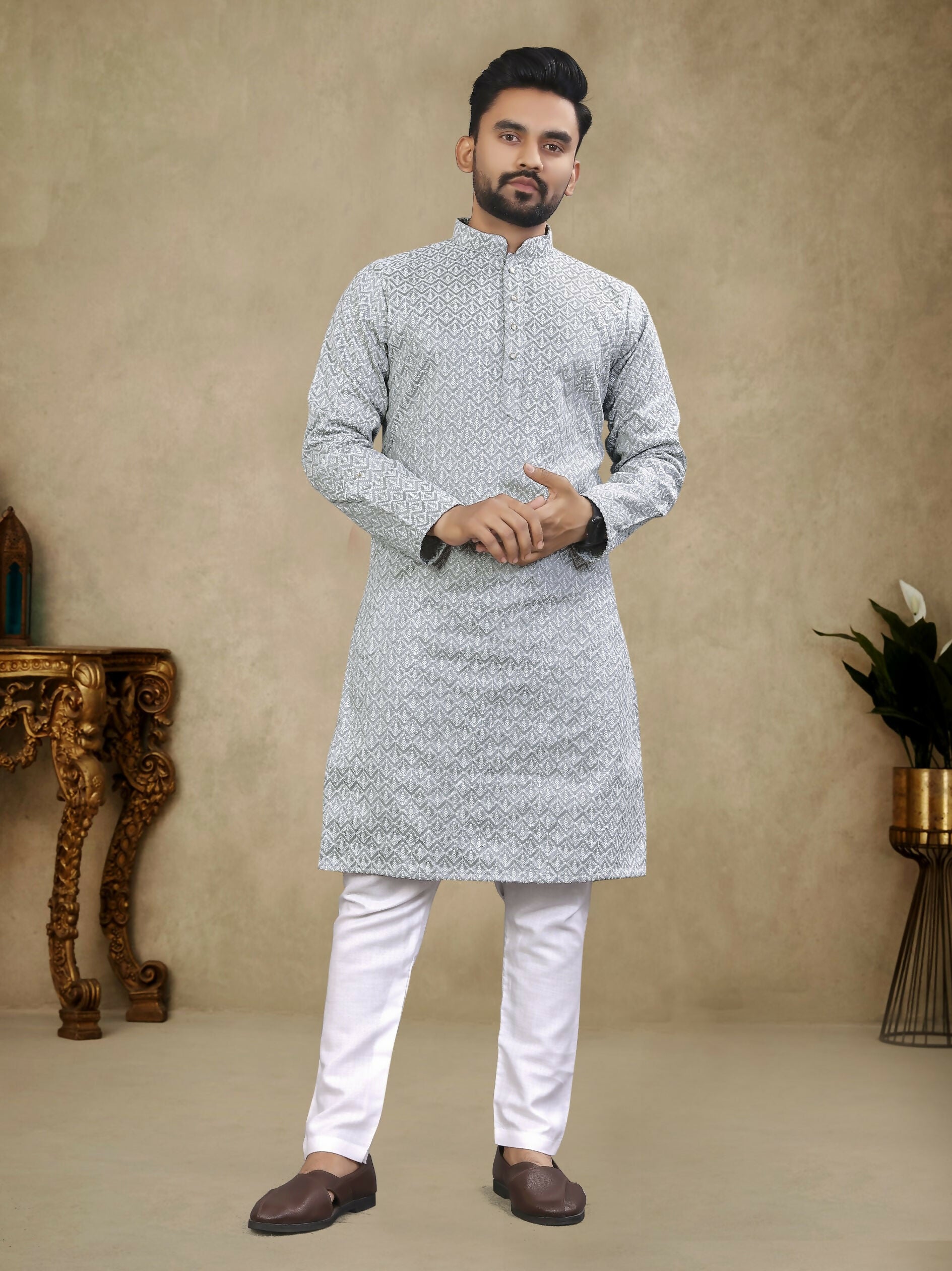 Anaita Grey Lucknowi Work Silk Straight Kurta - Distacart
