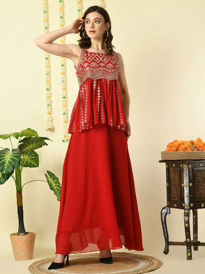 Myshka Women's Red Georgette Top With Skirt Party Sets - Distacart