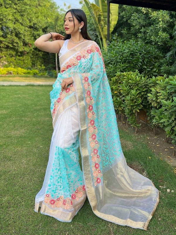 Anouk Floral Embroidered Zari Organza Saree - Distacart