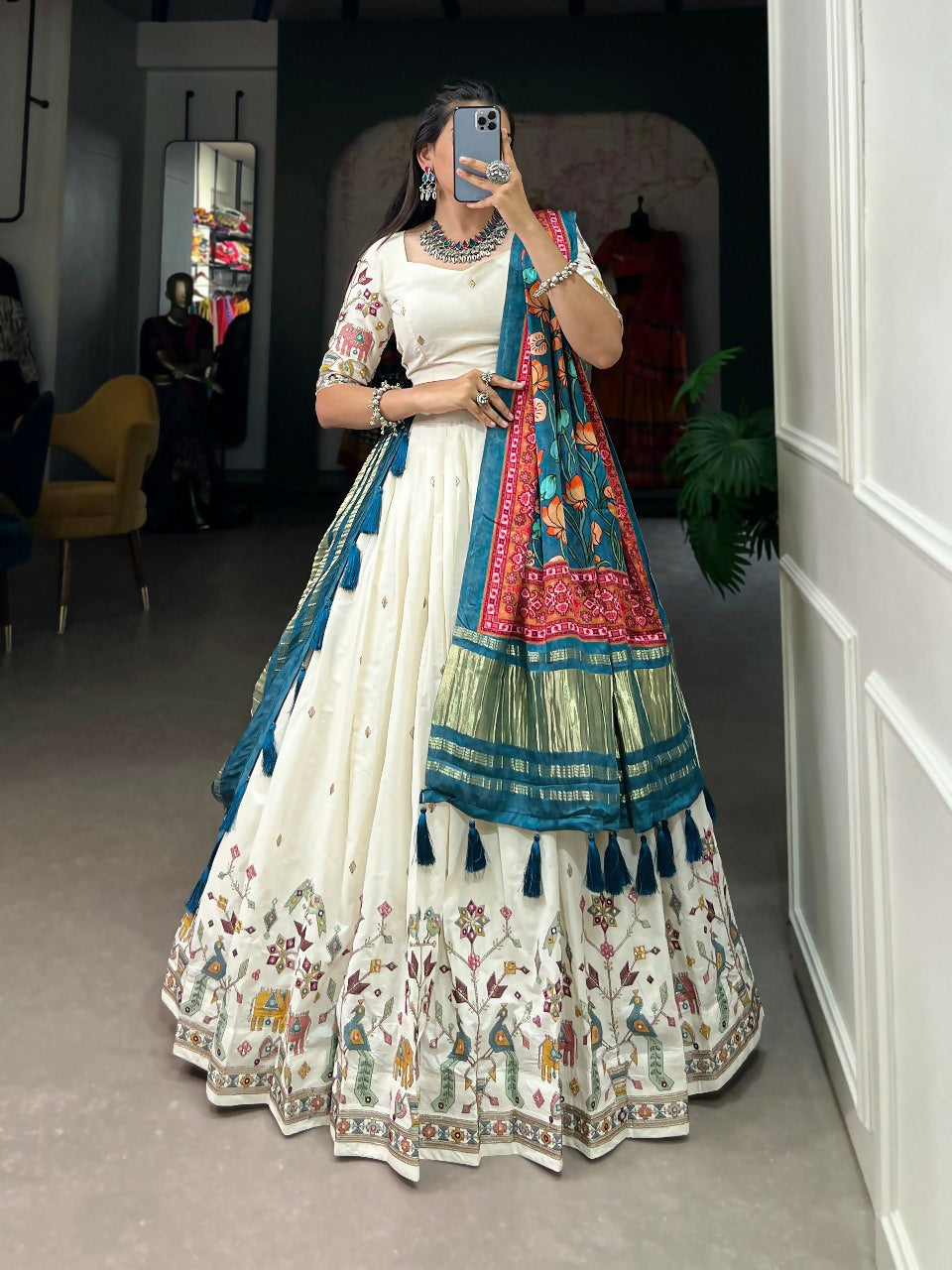 Vastranavya Traditional Special Khadi Cotton Sequins And Thread Embroidery Work Lehenga with Unstitched Blouse - White - Distacart