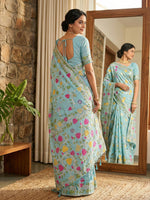 Thumbnail for Shree Shyam Fashion Sky Blue Linen Cotton Saree - Distacart