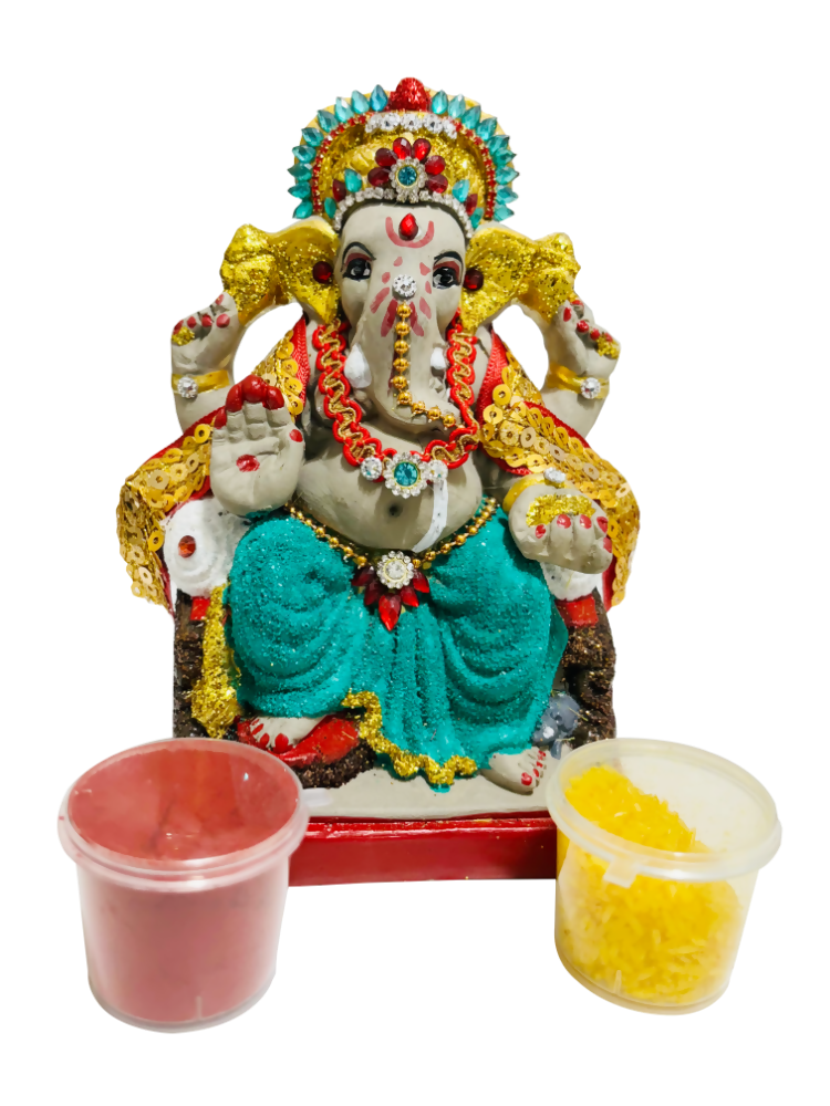 Eco-Friendly Ganesh Idol Small (Non-Toxic Colors) With Kumkum & Akshat - Limited Time Offer - Distacart