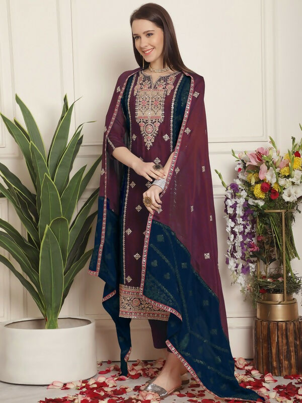 Jyoti Fashion Women's Magenta Chinon Chiffon Embroidered Designer Straight Suit Set - Distacart