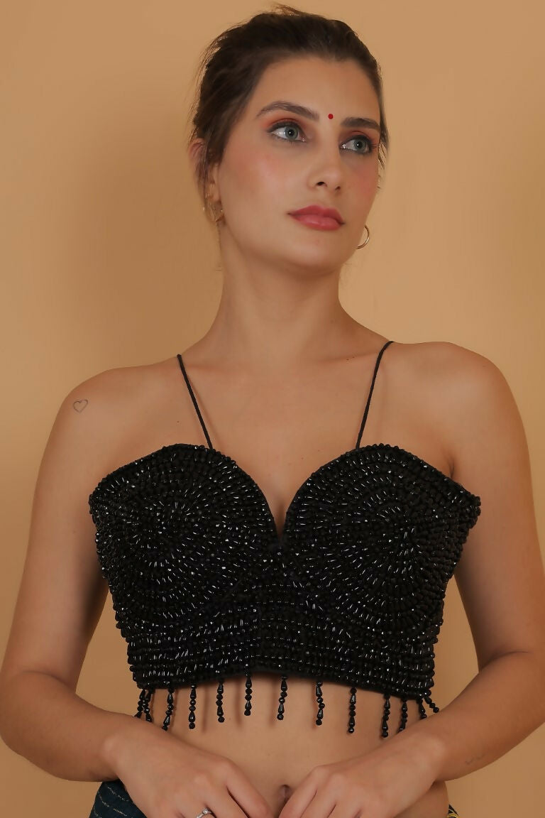 Joban Fashion Silk Pearl And Beads Hand Embroidery Padded Blouse - Black