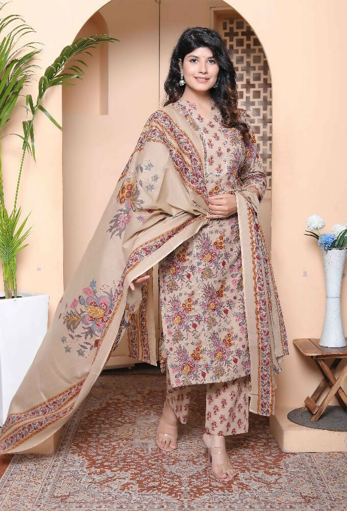 Miravan Womens Multicolor Floral Printed Pure Cotton Kurta And Palazzo With Dupatta Set - Distacart