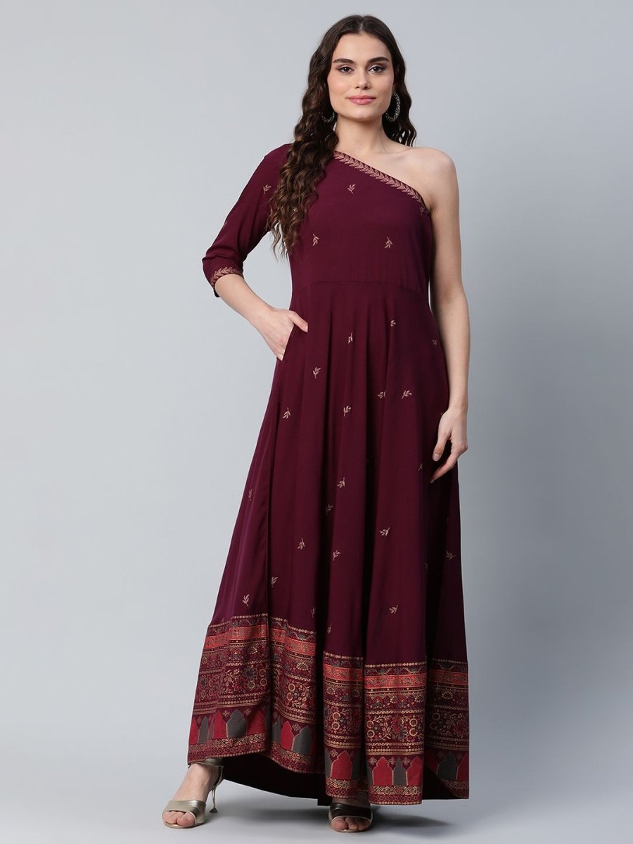 Ahalyaa Women Burgundy & Gold-Toned Ethnic Motifs One Shoulder Ethnic Maxi Dress - Distacart