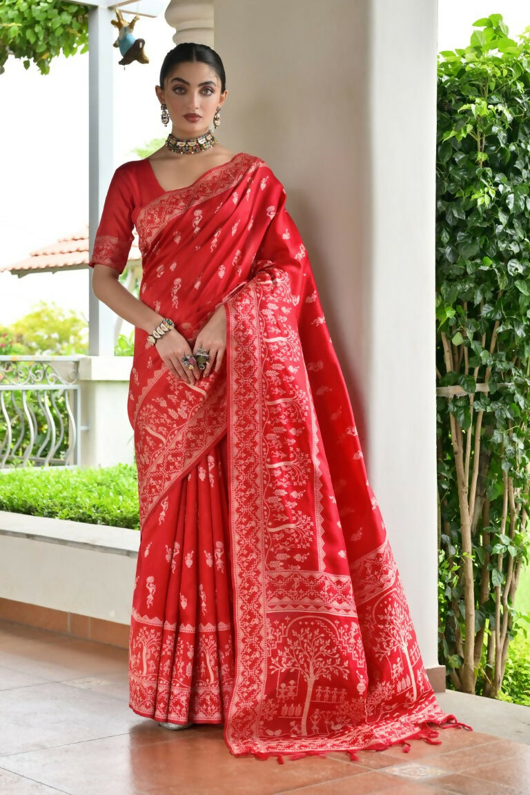 Vishnu Weaves Women's Red Handloom Raw Silk Thread Weaving Saree with Blouse