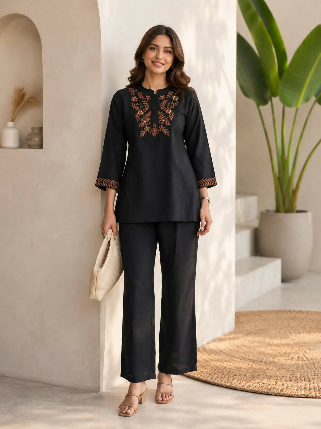 Teeya Creation Classic Black Embroidered Cotton Co-Ord Set For Women - Dista
