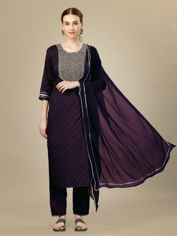 Jyoti Fashion Women's Purple Silk Blend Embroidery & Sequence work Kurta with Trouser & Dupatta - Distacart