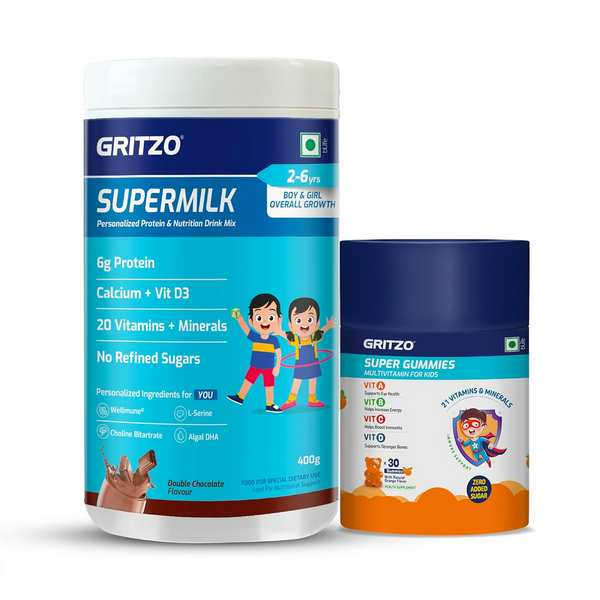 Gritzo SuperMilk Overall Growth (2-6y Boy & Girl) (Double Chocolate) with Super Gummies (Natural Orange Flavour) - Distacart