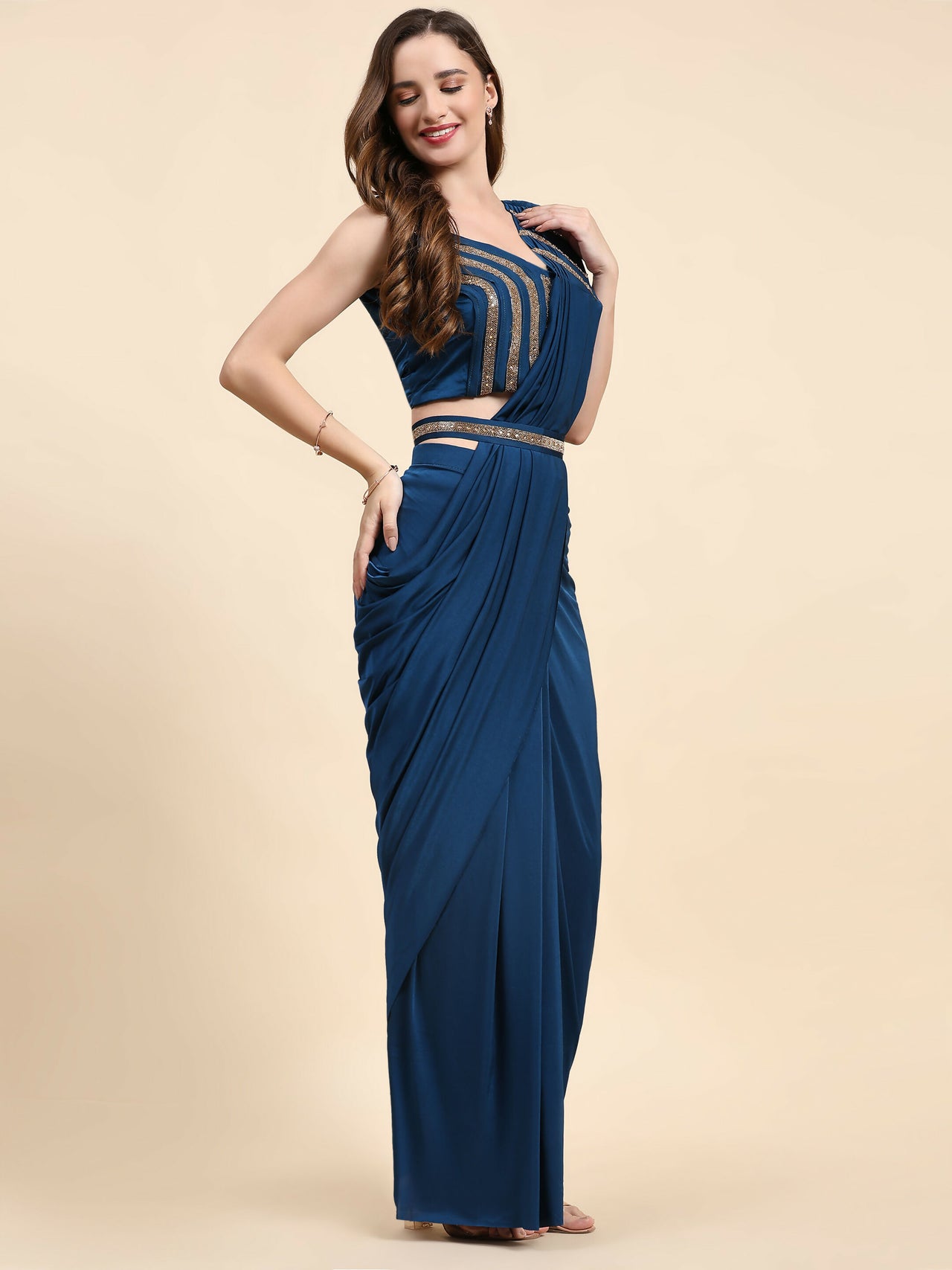 Blue Polyester Solid Ready to Wear Saree with stitched Blouse - Nita - Distacart