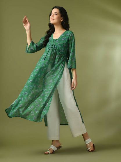 Myshka Women's Green Printed Georgette A-Line Nyra-cut Kurta - Distacart