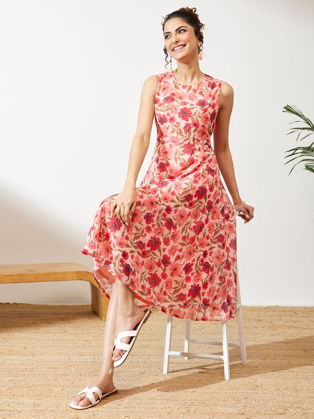 Janasya Peach Flared Georgette Dress - Dista