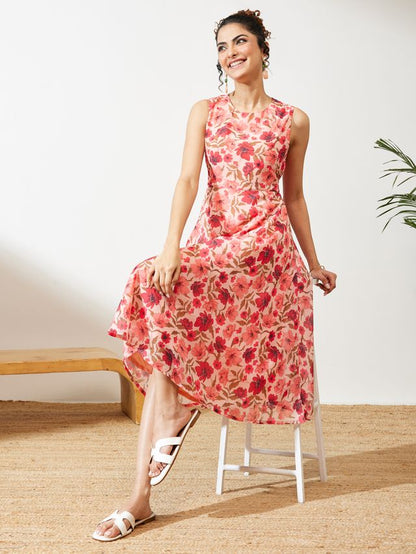 Janasya Peach Flared Georgette Dress - Dista