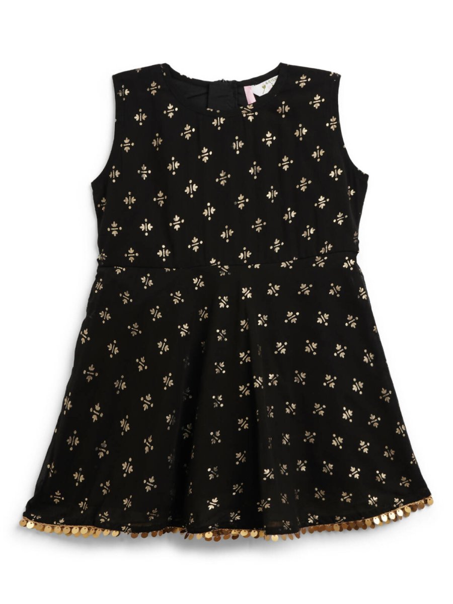 Ahalyaa Black Georgette Gold Foil Print Kids Peplum style Kurta Sharara Set With Dupatta For Girls - Distacart