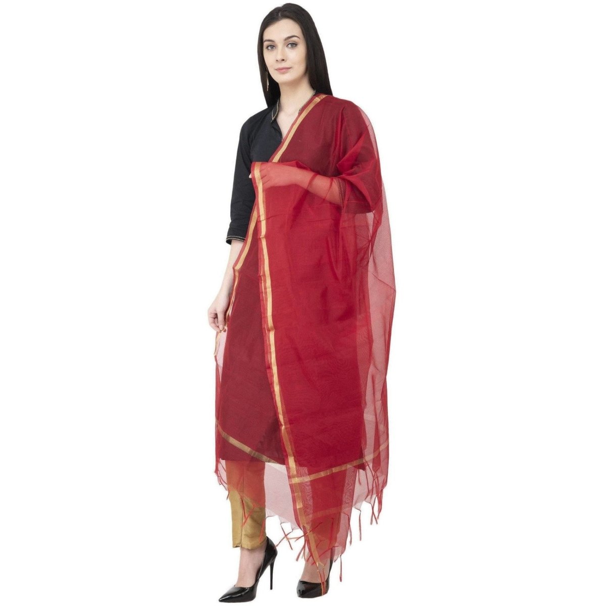 A R SILK Chanderi Piping Regular Dupatta Mehroon Color Dupatta or Chunni