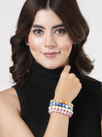 Thumbnail for NVR Men & Women Set of 4 Artificial Beads-Beaded Evil Eye Elasticated Bracelet - Distacart