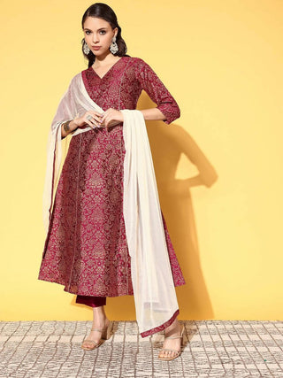 Ahalyaa Women's Wine Colour Poly Silk Gold Paste Printed Kurta Pant Set - Distacart