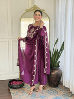 Thumbnail for The52 Purple Women's Gorgeous Embroidered Vichitra Silk Fabric Flared Kurta Pant with Dupatta Set - Distacart