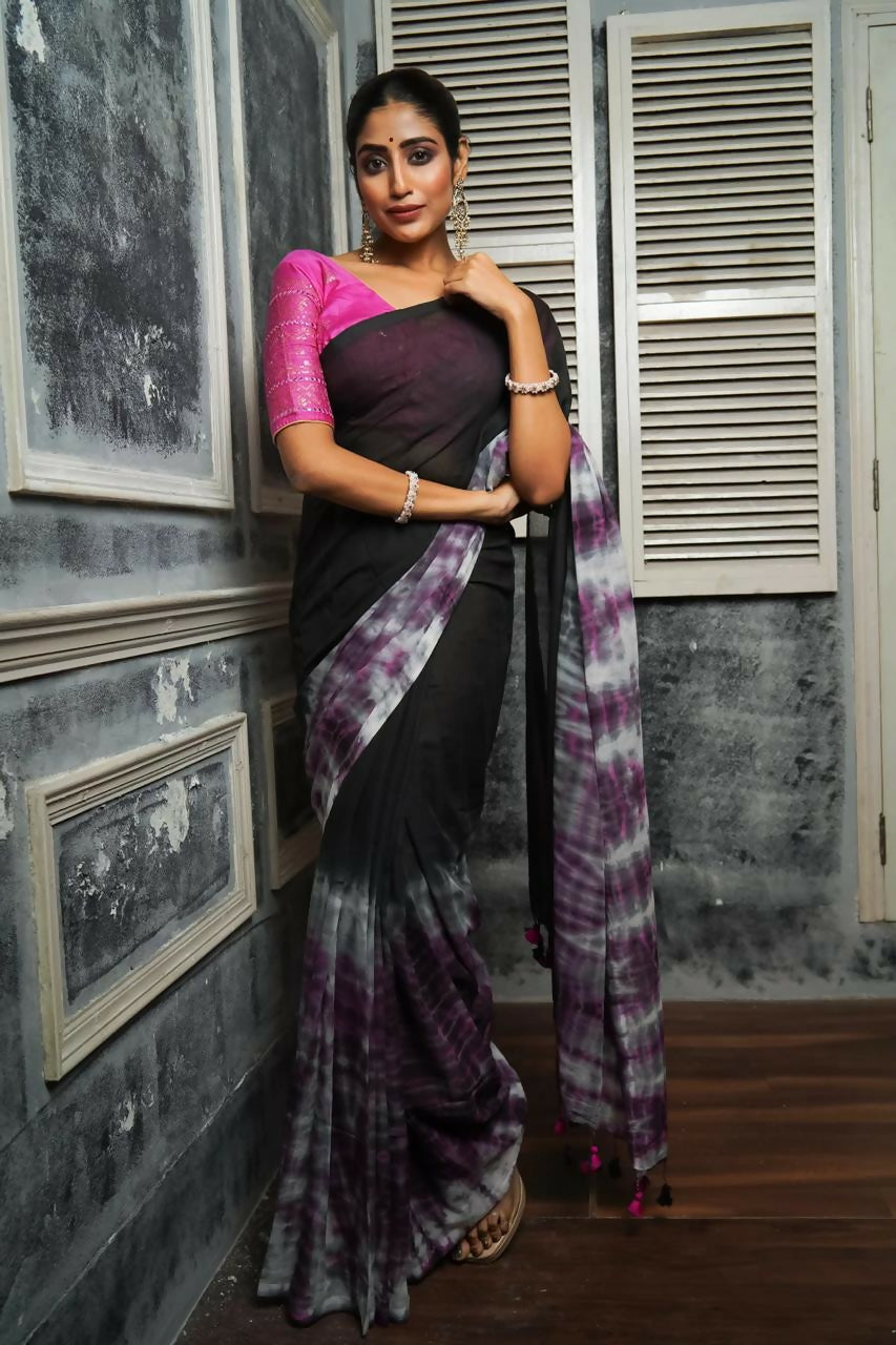 Exclusive Collection Black Violet Beautiful Super Soft Most Comfortable Pure Mul Cotton Saree