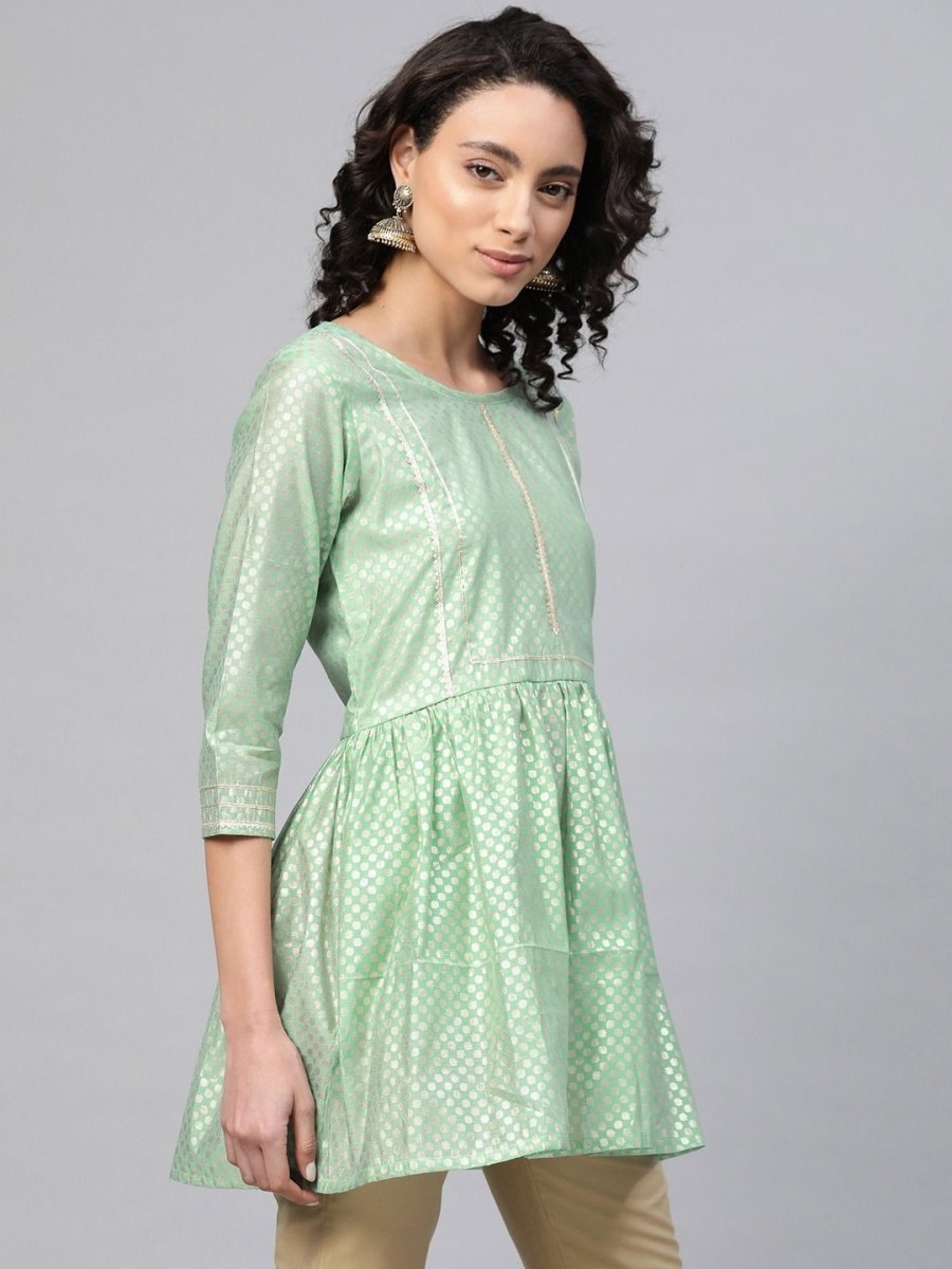 Ahalyaa Women Sea Green Chanderi Silk Golden Printed Tunic