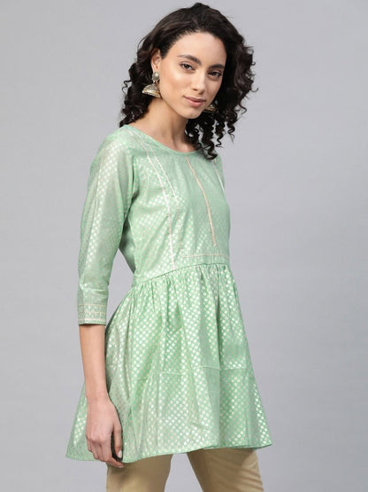 Ahalyaa Women Sea Green Chanderi Silk Golden Printed Tunic