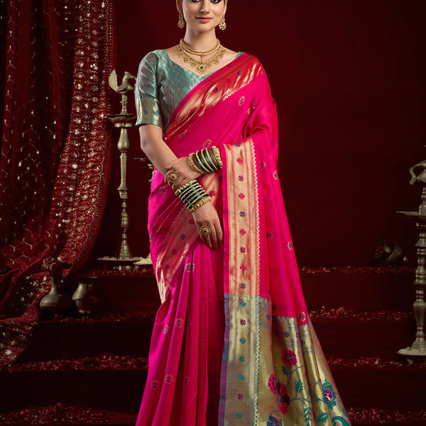 Joban Fashion Pink Paithani Silk Blend Butti Saree