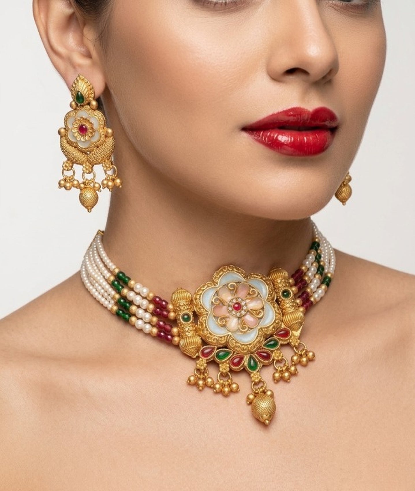 Jewel City Handcrafted Indian Kundan & Pearl Choker Necklace Set – Gold Plated for Weddings, Festivals - Distacart