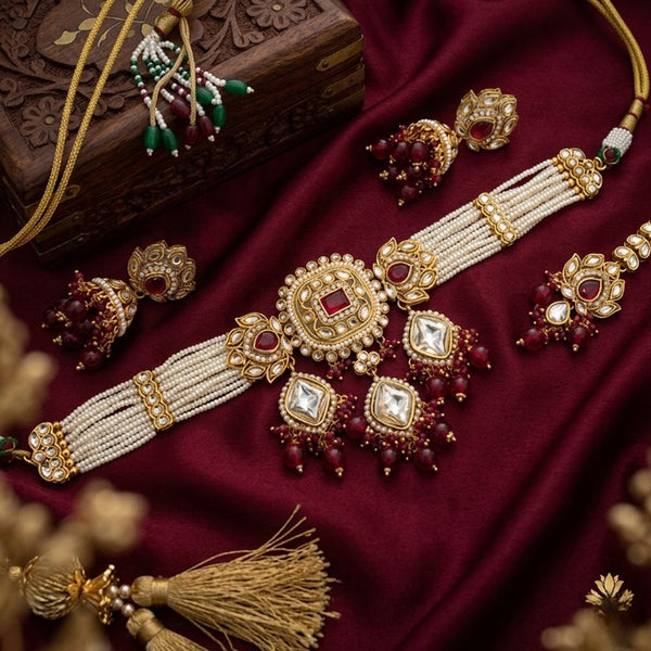 Jewel City Handcrafted Kundan & Pearl Choker Set - Traditional Gold-Plated Bridal Jewelry with Maroon Accents for Weddings - Distacart