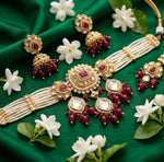 Thumbnail for Jewel City Handcrafted Kundan & Pearl Choker Set - Traditional Gold-Plated Bridal Jewelry with Maroon Accents for Weddings - Distacart